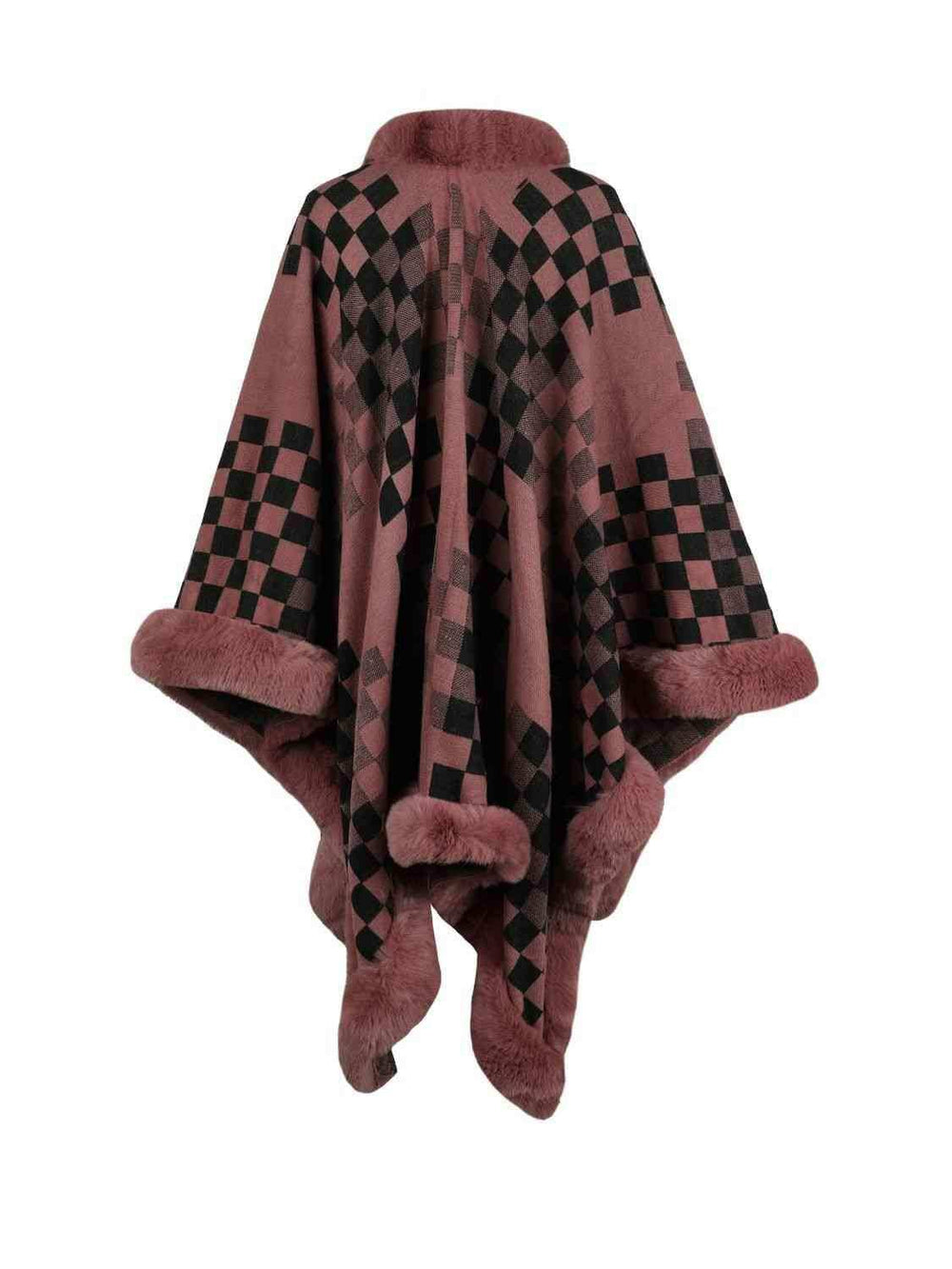 Checkered Faux Fur Trim Poncho - Trendsi - Flyclothing LLC