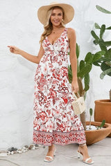 Printed V-Neck Wide Strap Dress - Trendsi