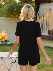 V-Neck Short Sleeve Top and Pocketed Shorts Lounge Set - Flyclothing LLC