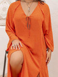 Plus Size Tie Neck Long Sleeve Slit Dress - Trendsi - Flyclothing LLC