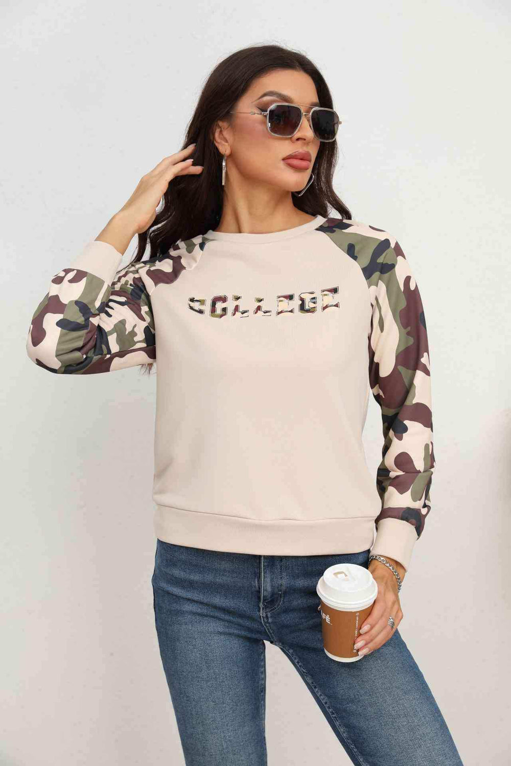 Camouflage Raglan Sleeve Sweatshirt - Trendsi - Flyclothing LLC