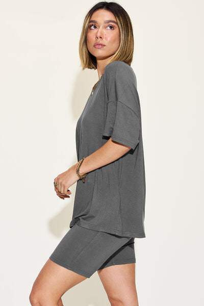 Basic Bae Full Size V-Neck Drop Shoulder Short Sleeve T-Shirt and Shorts Set - Trendsi - Flyclothing LLC