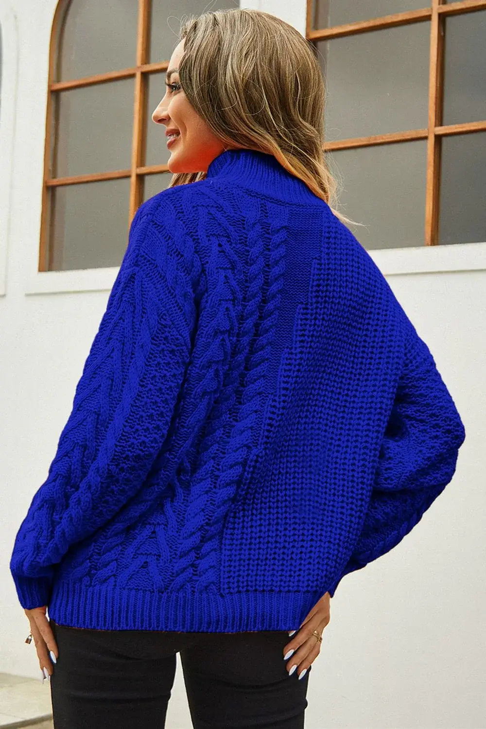 Cable-Knit Turtle Neck Long Sleeve Sweater - Trendsi - Flyclothing LLC
