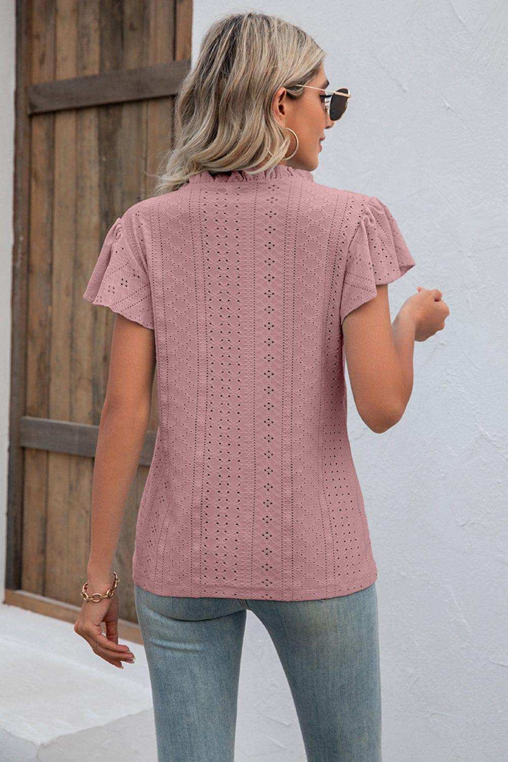 Eyelet Notched Neck Flutter Sleeve Top - Trendsi - Flyclothing LLC