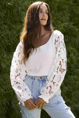 Ribbed Lace Trim Flounce Sleeve Knit Top - Trendsi
