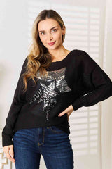 Double Take Sequin Graphic Dolman Sleeve Knit Top - Trendsi - Flyclothing LLC