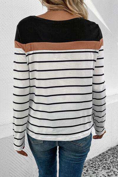 Striped Round Neck Long Sleeve T-Shirt - Trendsi - Flyclothing LLC