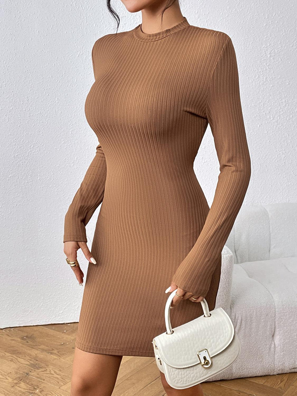 Long Sleeve Ribbed Mini Dress - Trendsi