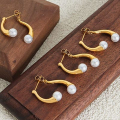 Synthetic Pearl Asymmetrical Titanium Steel Earrings - Flyclothing LLC