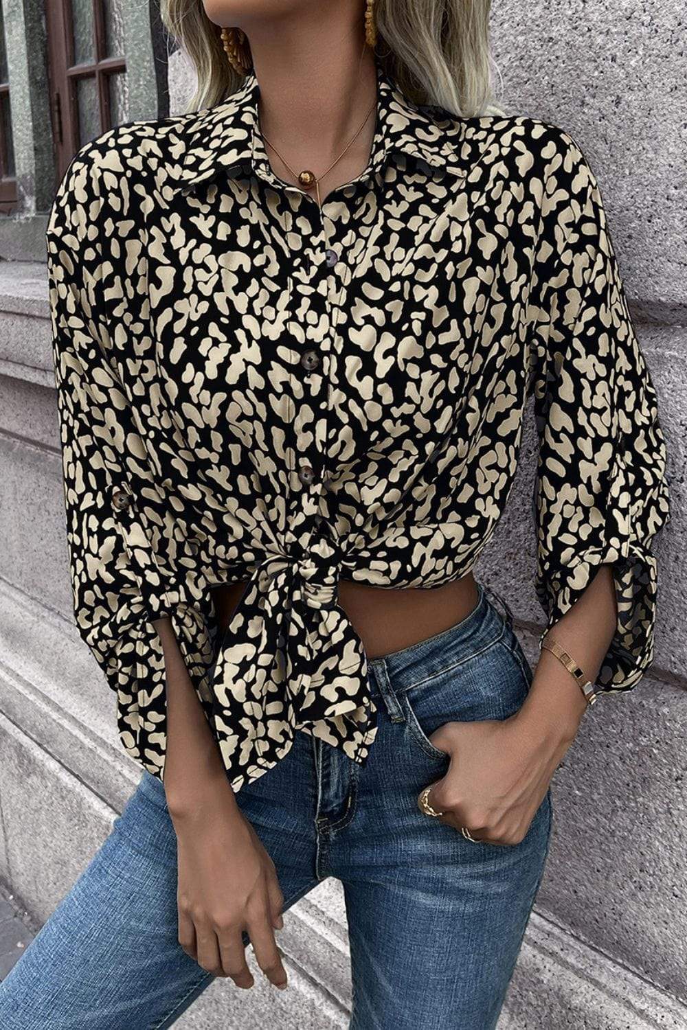 Leopard Roll-Tap Sleeve Shirt - Trendsi - Flyclothing LLC