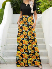 Printed Round Neck Short Sleeve Maxi Dress - Trendsi