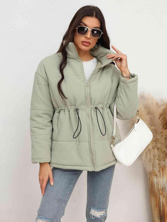 Drawstring Waist Zip-Up Puffer Jacket - Trendsi