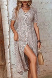 Animal Print Button Front V-Neck Tied Dress - Trendsi