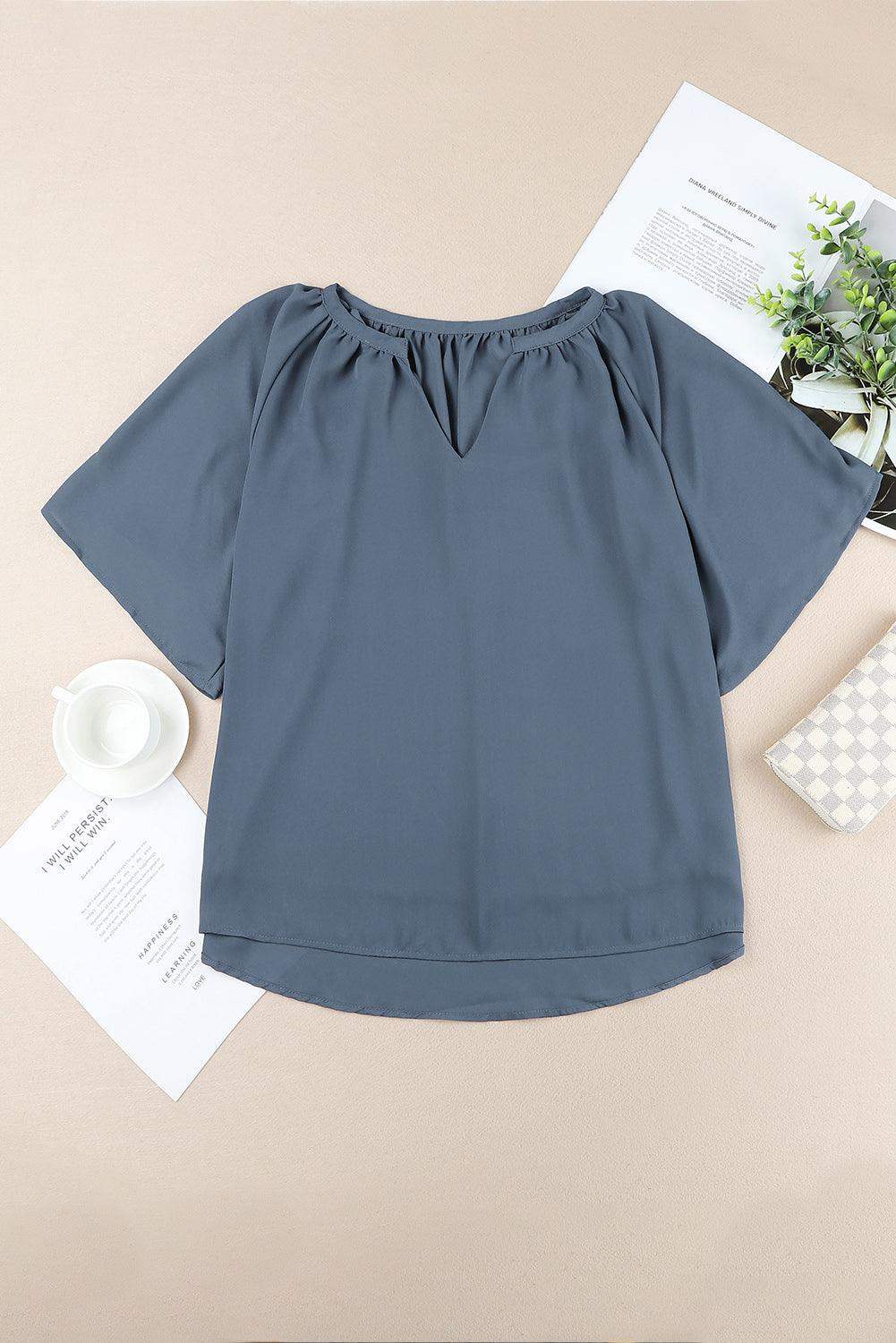 Gathered Detail Notched Neck Flutter Sleeve Top - Trendsi - Flyclothing LLC