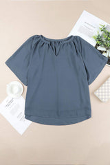 Gathered Detail Notched Neck Flutter Sleeve Top - Trendsi - Flyclothing LLC