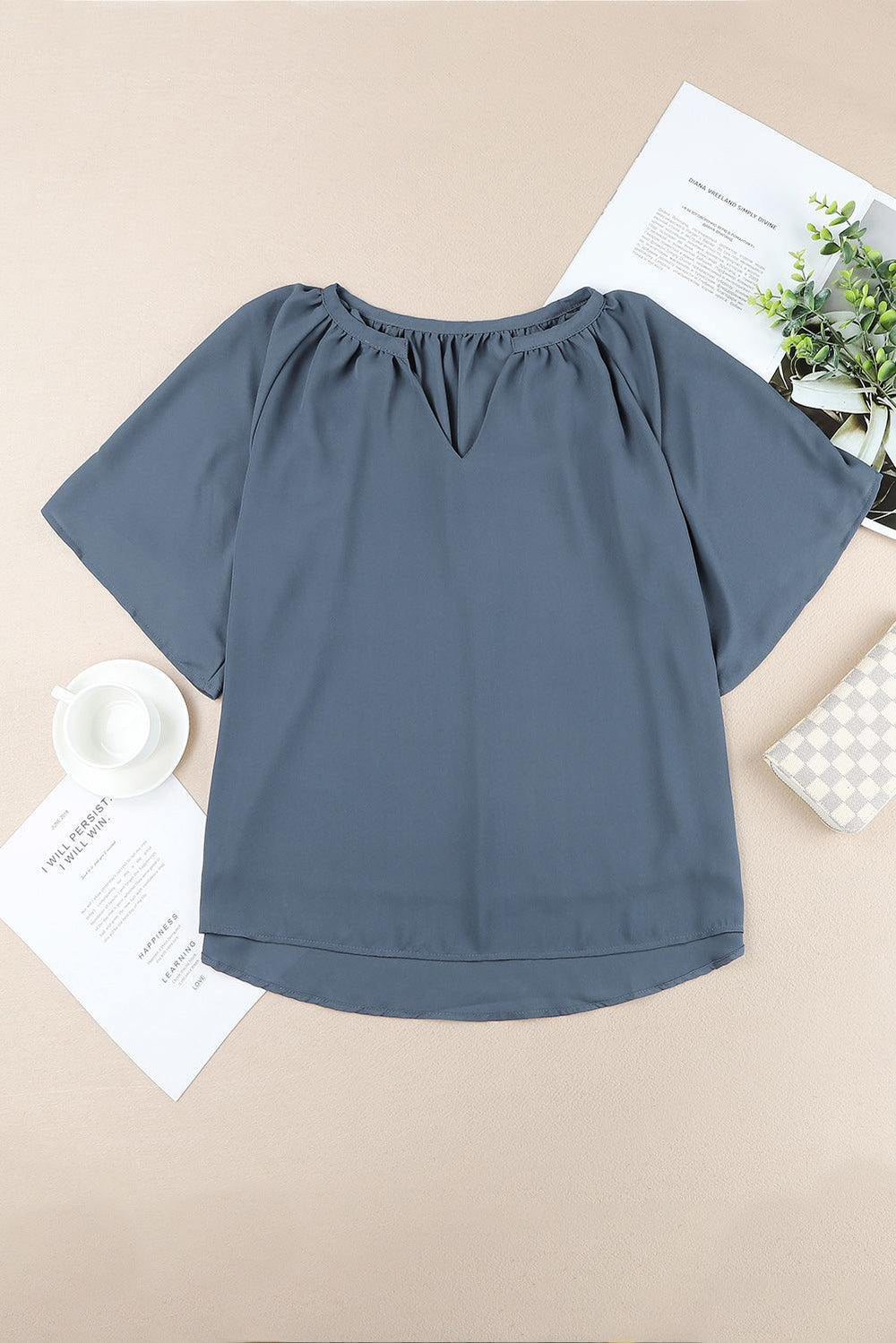 Gathered Detail Notched Neck Flutter Sleeve Top - Trendsi
