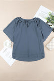 Gathered Detail Notched Neck Flutter Sleeve Top - Trendsi