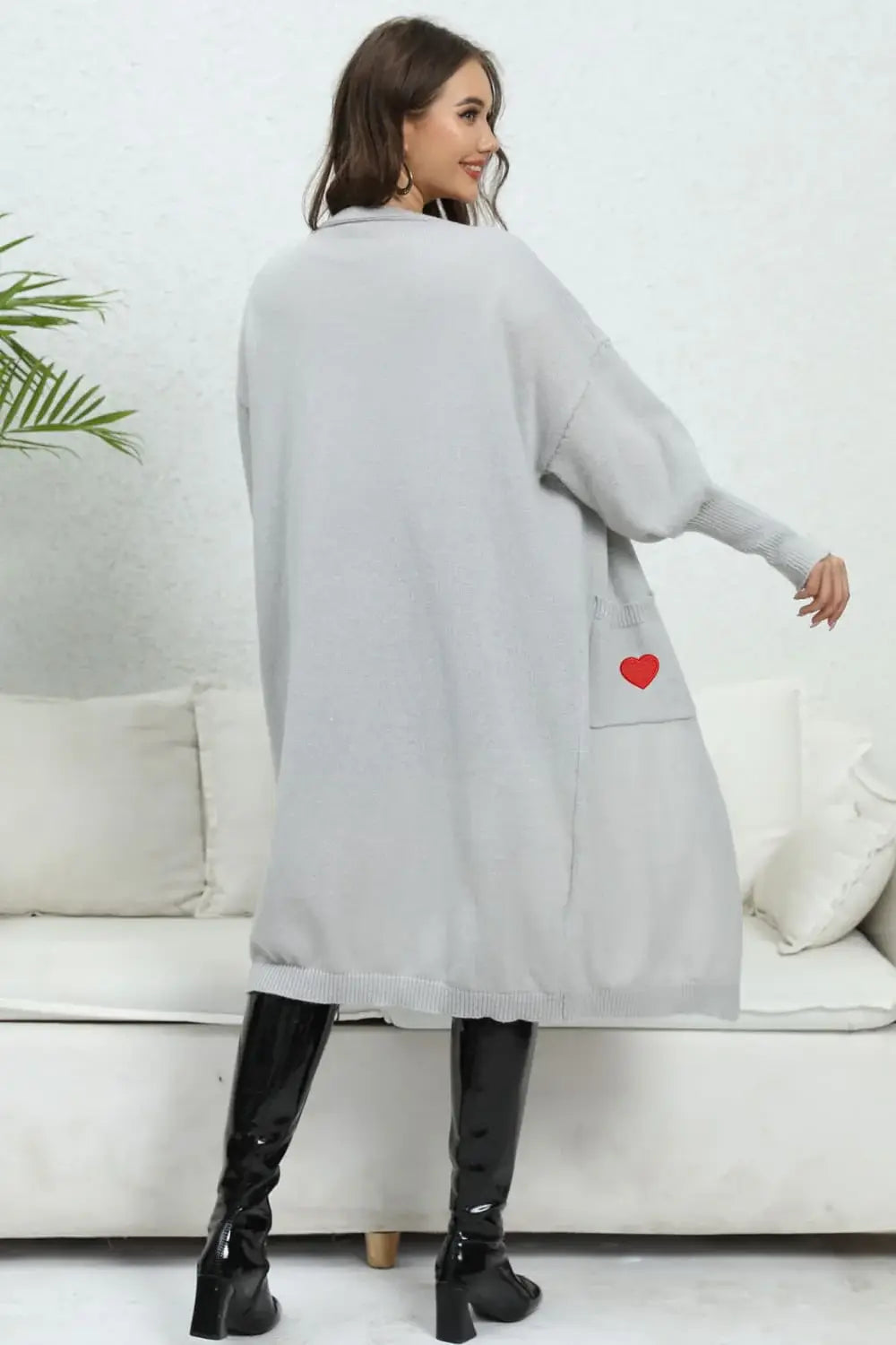 Lantern Sleeve Open Front Pocketed Cardigan - Trendsi - Flyclothing LLC