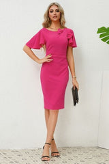 Slit Round Neck Flutter Sleeve Dress - Flyclothing LLC