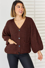 Pocketed Button Up Dropped Shoulder Cardigan - Trendsi