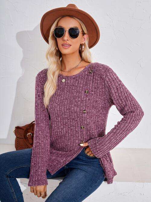 Ribbed Buttoned Round Neck Slit T-Shirt - Trendsi - Flyclothing LLC
