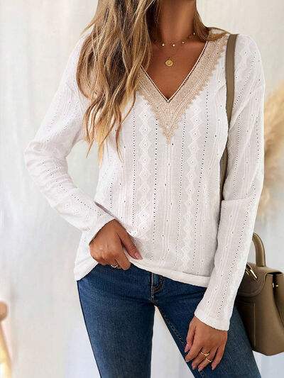 Eyelet V-Neck Dropped Shoulder T-Shirt - Trendsi - Flyclothing LLC