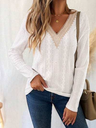 Eyelet V-Neck Dropped Shoulder T-Shirt - Trendsi - Flyclothing LLC