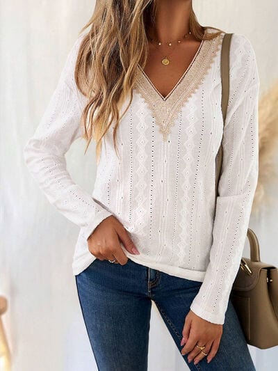 Eyelet V-Neck Dropped Shoulder T-Shirt - Trendsi