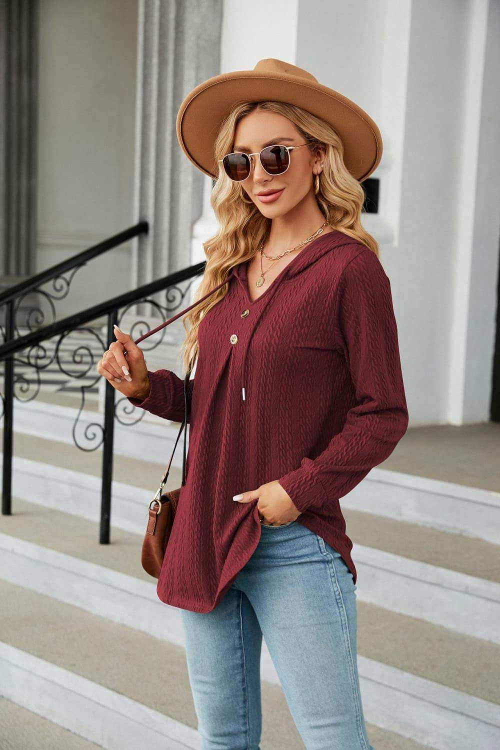 Long Sleeve Hooded Blouse - Trendsi - Flyclothing LLC