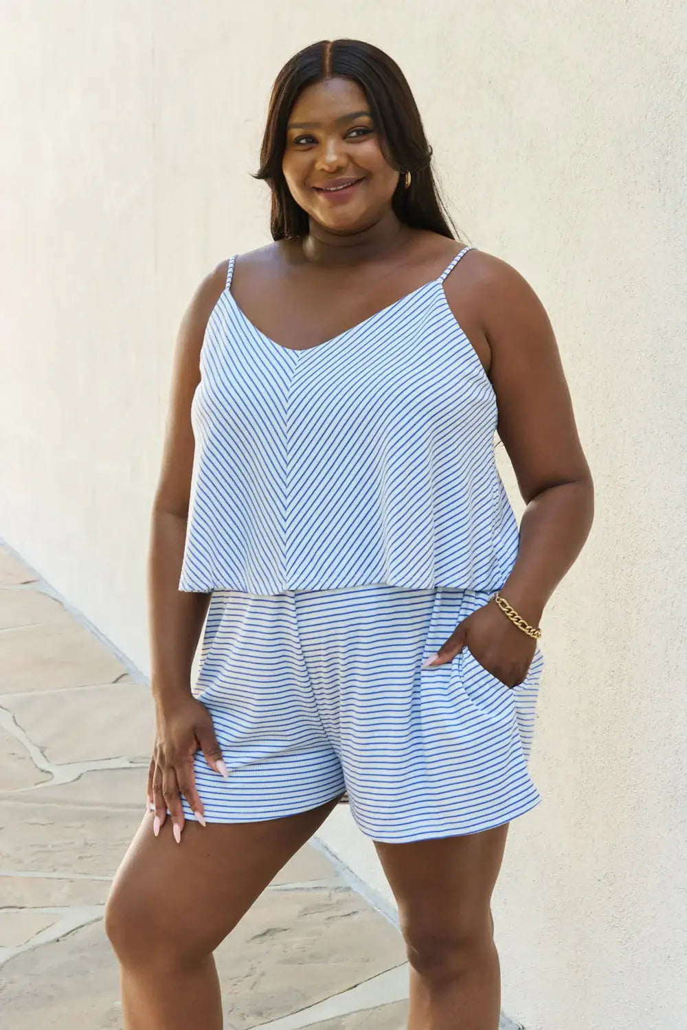 Culture Code Let It Happen Full Size Double Flare Striped Romper in Cobalt Blue - Trendsi - Flyclothing LLC