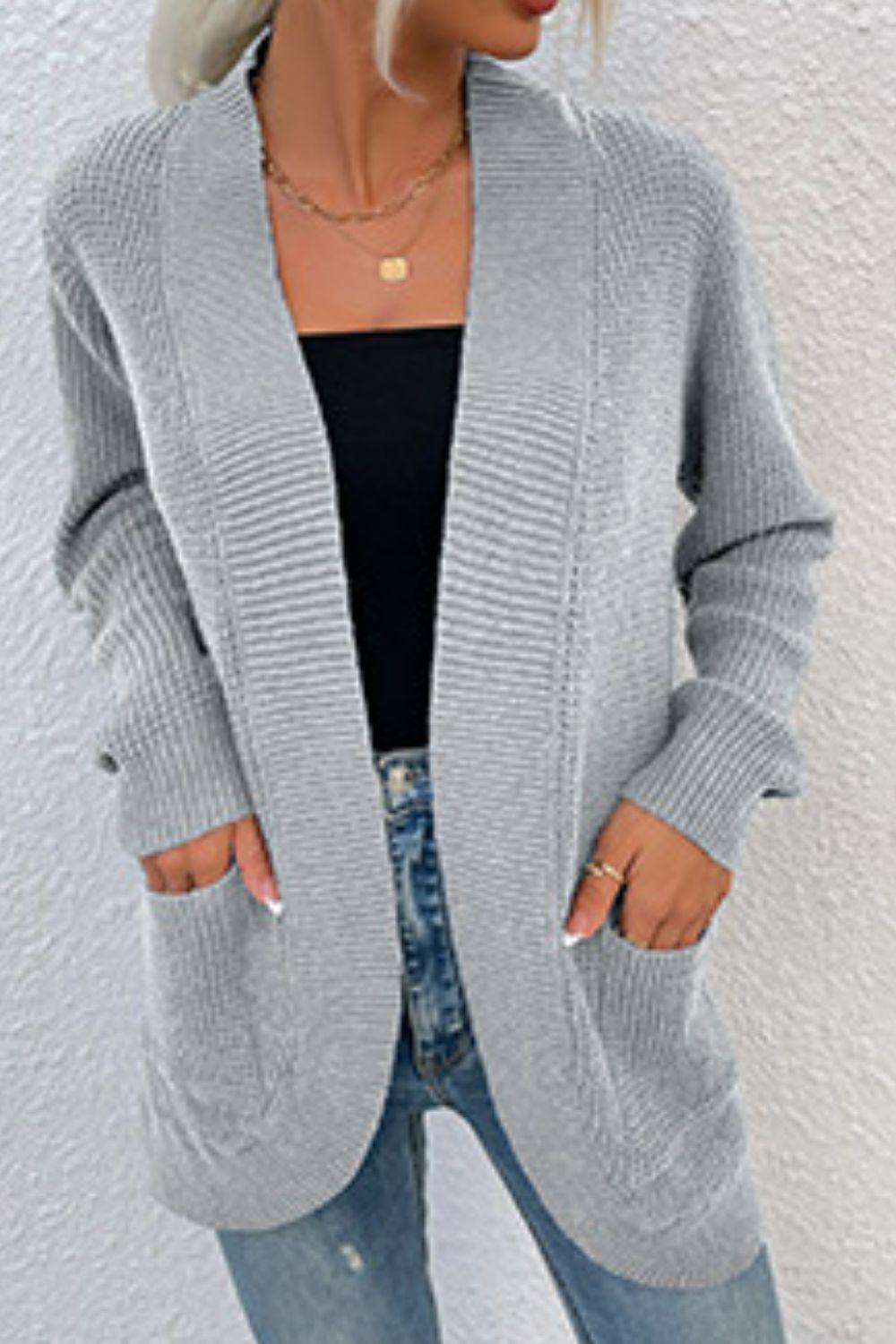 Open Front Rib-Knit Cardigan with Pockets - Trendsi