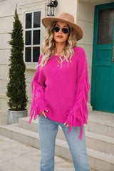 Fringe Round Neck Dropped Shoulder Sweater - Trendsi - Flyclothing LLC