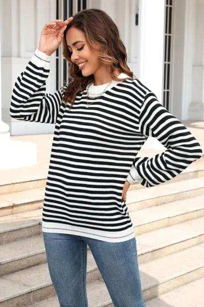 Striped Round Neck Dropped Shoulder Sweater - Trendsi - Flyclothing LLC