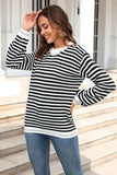 Striped Round Neck Dropped Shoulder Sweater - Trendsi