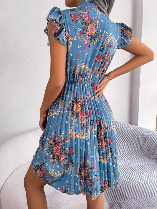 Pleated Floral Printed Tie Neck Knee Length Dress - Trendsi