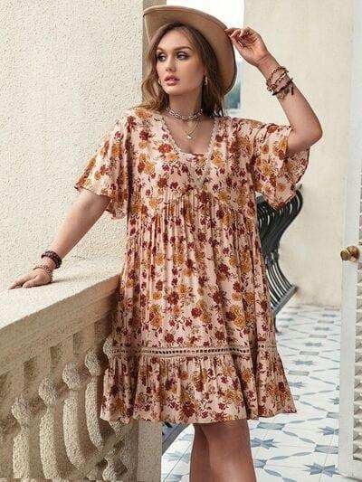 Plus Size Floral Crochet Flutter Sleeve Dress - Trendsi - Flyclothing LLC