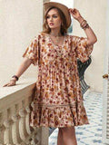 Plus Size Floral Crochet Flutter Sleeve Dress - Trendsi - Flyclothing LLC