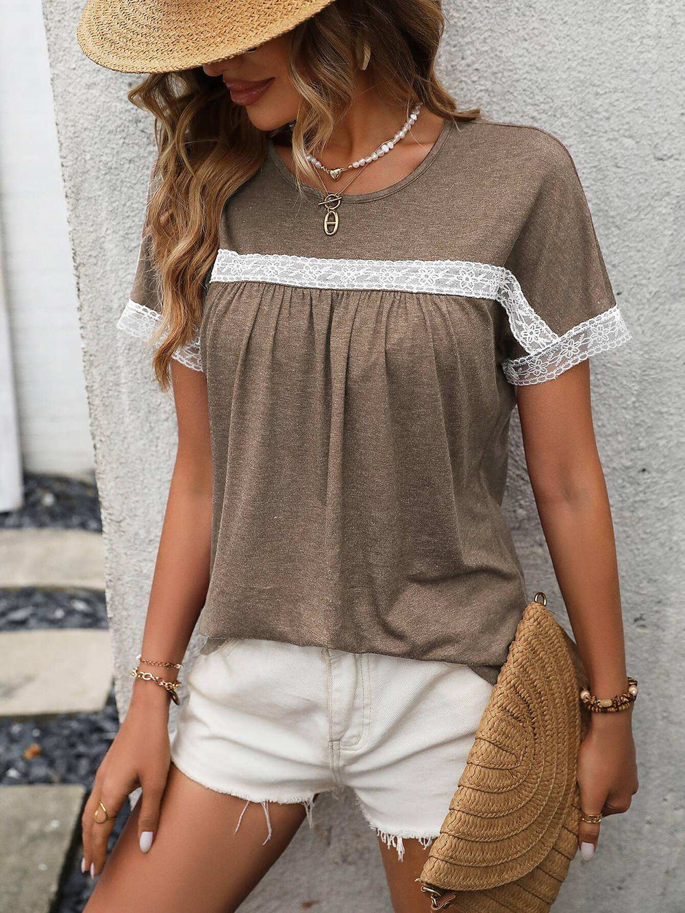 Contrast Round Neck Short Sleeve Tee - Trendsi - Flyclothing LLC
