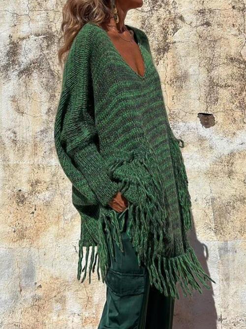 Fringe Detail Long Sleeve Sweater with Pockets - Trendsi