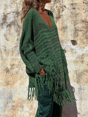 Fringe Detail Long Sleeve Sweater with Pockets - Trendsi
