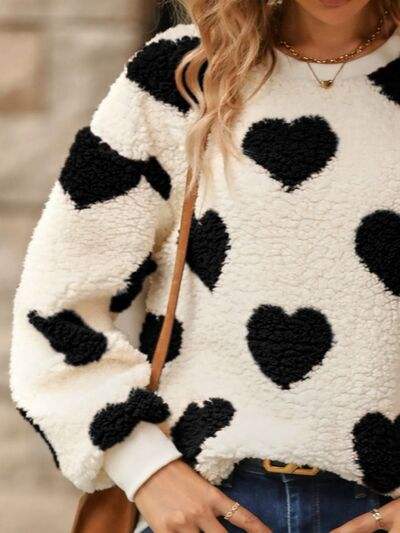 Fuzzy Heart Dropped Shoulder Sweatshirt - Trendsi - Flyclothing LLC