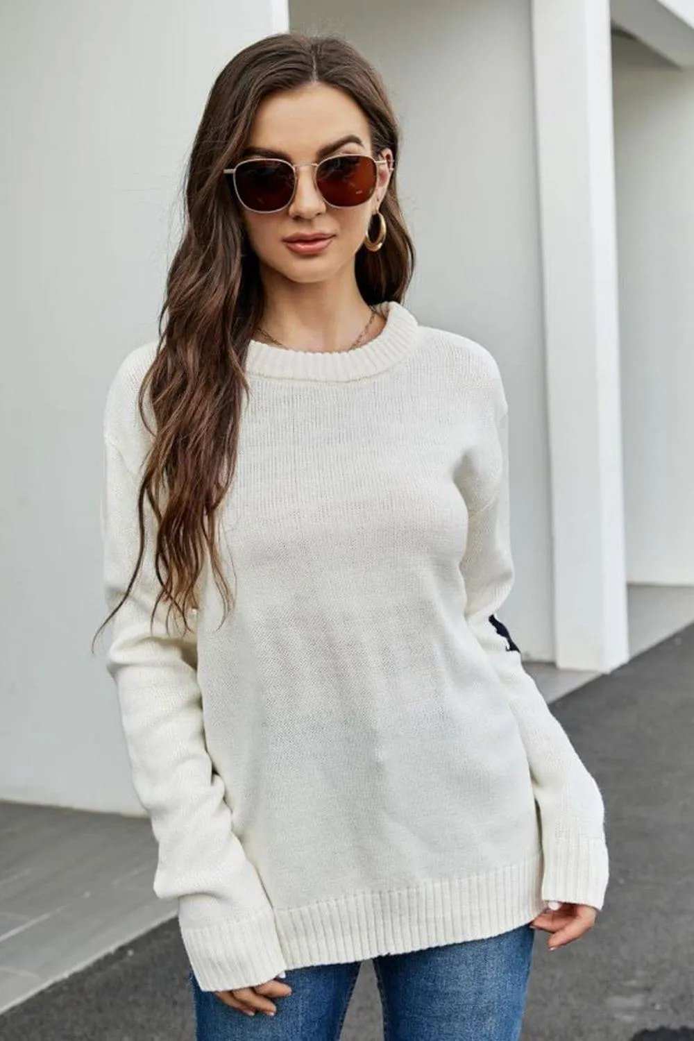 Round Neck Dropped Shoulder Sweater - Trendsi - Flyclothing LLC