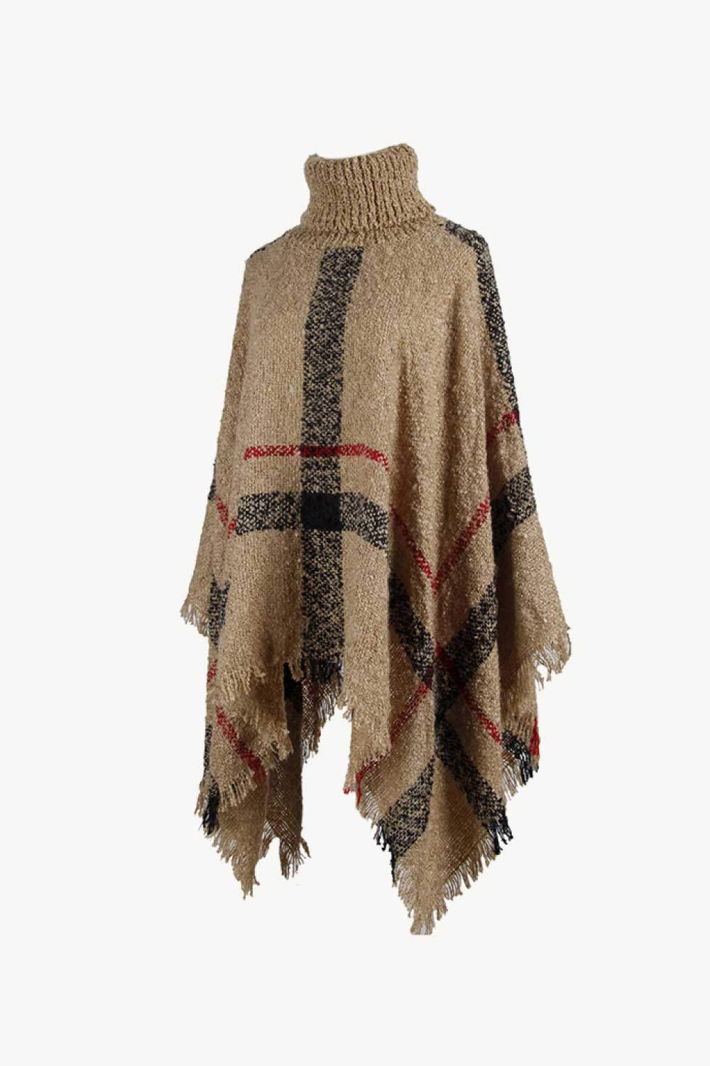 Plaid Turtleneck Raw Hem Poncho - Trendsi - Flyclothing LLC