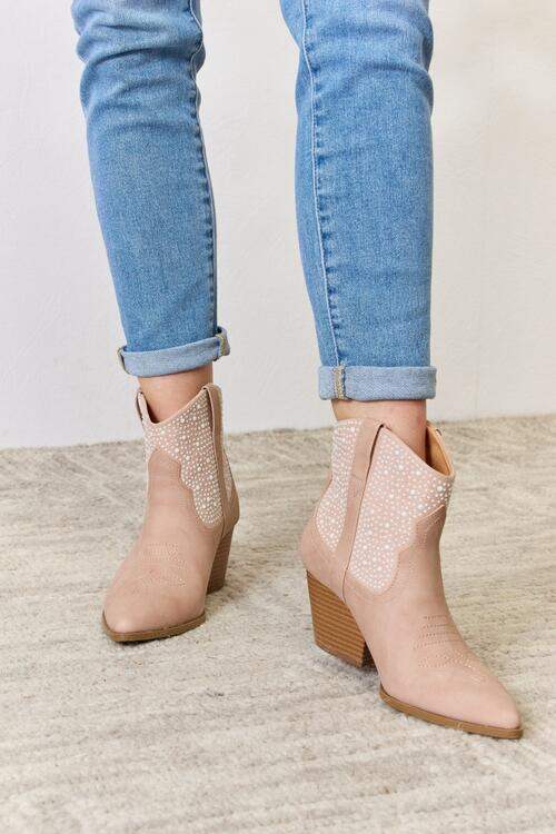 East Lion Corp Rhinestone Ankle Cowgirl Booties - Trendsi - Flyclothing LLC