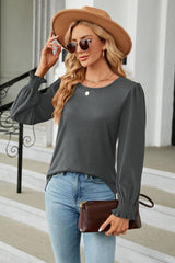 Round Neck Smocked Flounce Sleeve Blouse - Trendsi