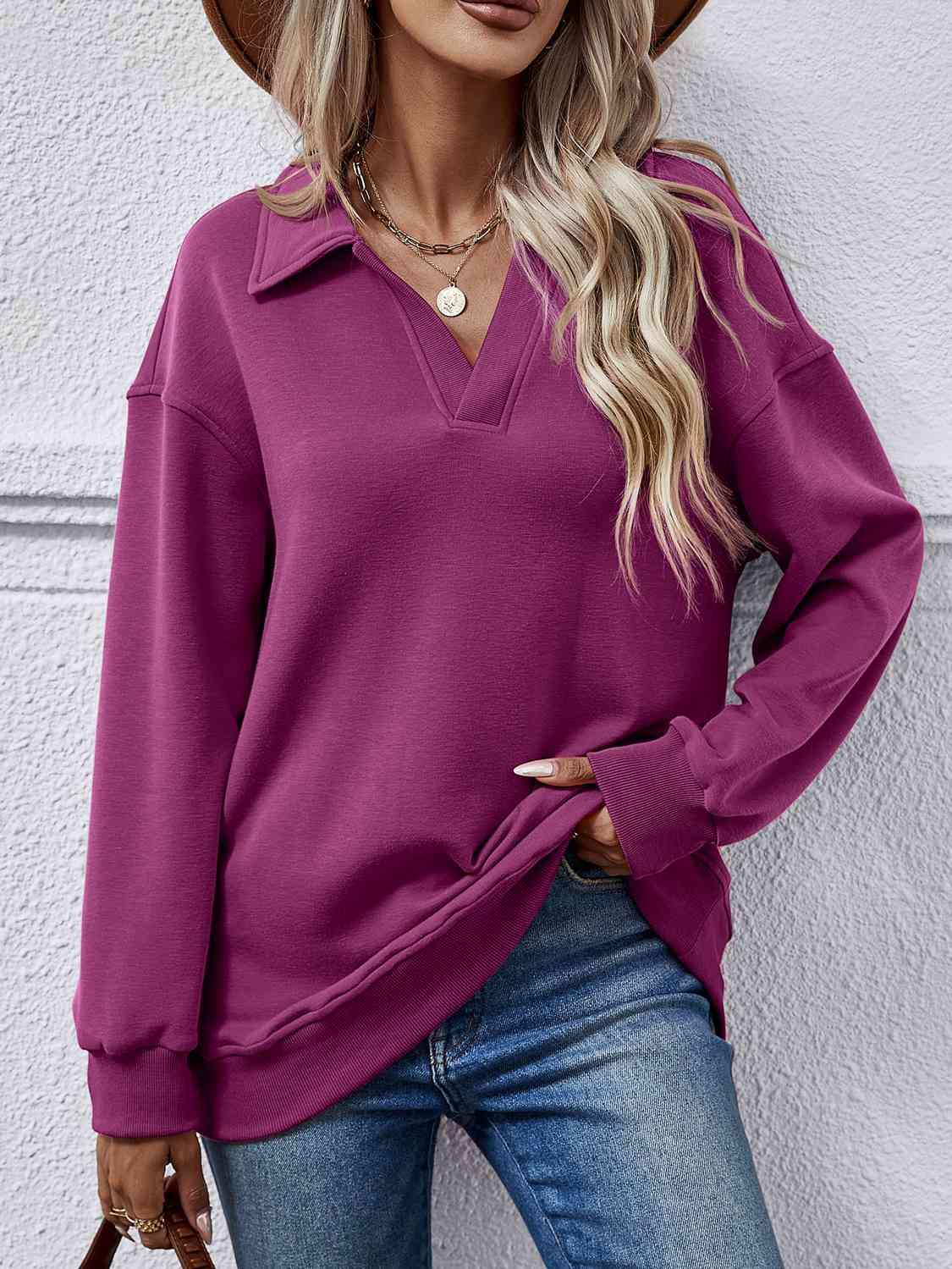 Collared Neck Dropped Shoulder Sweatshirt - Trendsi