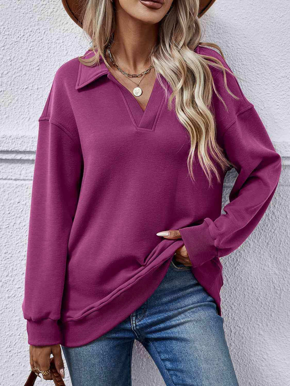Collared Neck Dropped Shoulder Sweatshirt - Trendsi - Flyclothing LLC