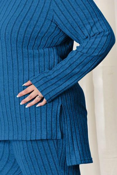 Basic Bae Full Size Ribbed High-Low Top and Wide Leg Pants Set - Trendsi