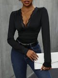 Lace Detail Plunge Long Sleeve Bodysuit - Trendsi
