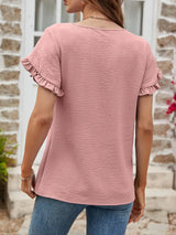 Textured Petal Sleeve Round Neck Tee - Trendsi - Flyclothing LLC